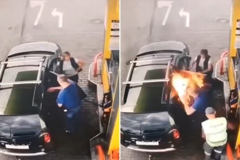 Beltérbe töltött benzint egy orosz autós, kamera vette a jelenetet