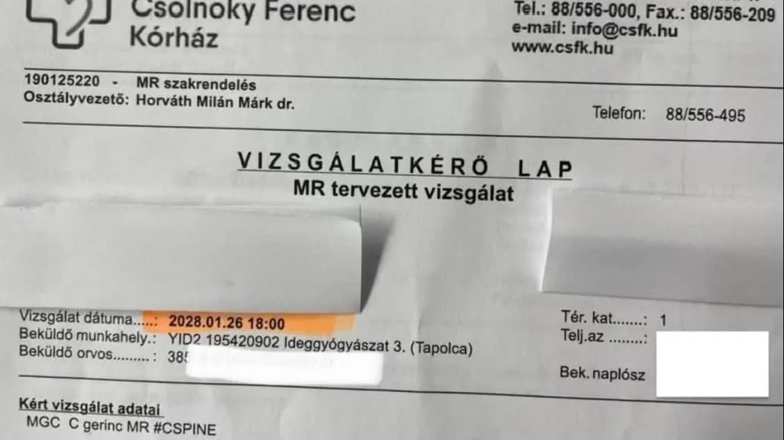Egy gerincbetegnek 2028-ra adtak időpontot MR-vizsgálatra